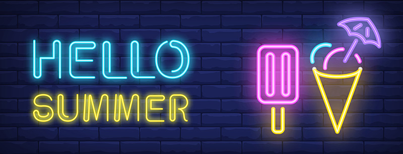 Hello summer neon style lettering. Choc ice and cone icecream on brick background. Ice-cream truck, cafe, ice-cream shop. Bright wall sign. Can be used for topics like dessert, vacation, summer